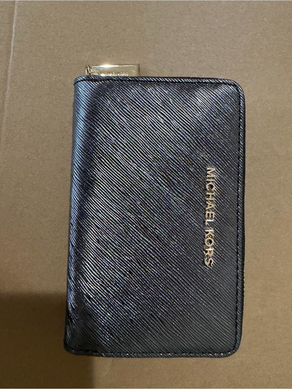 Michael Kors Black Saffiano Zip Around Wallet with Gold Logo